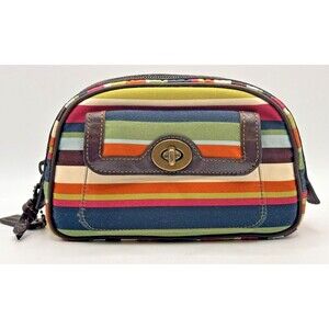 Coach Legacy Stripe Multicolor  Makeup Travel Pouch Bag VTG Purple Satin Lining